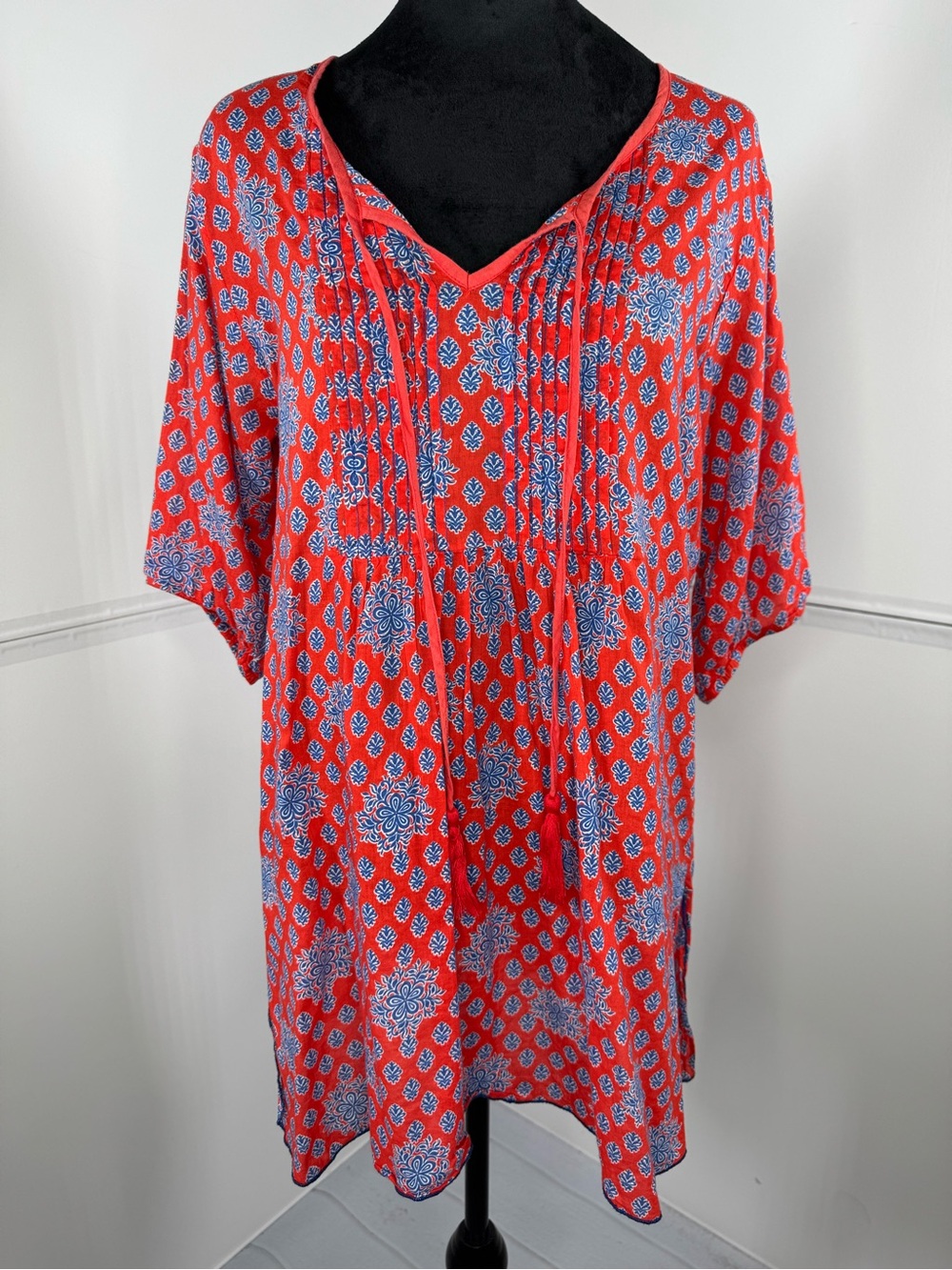 Naudic Red Blue Block Print Cotton Tassel Tunic Top Boho Size Small